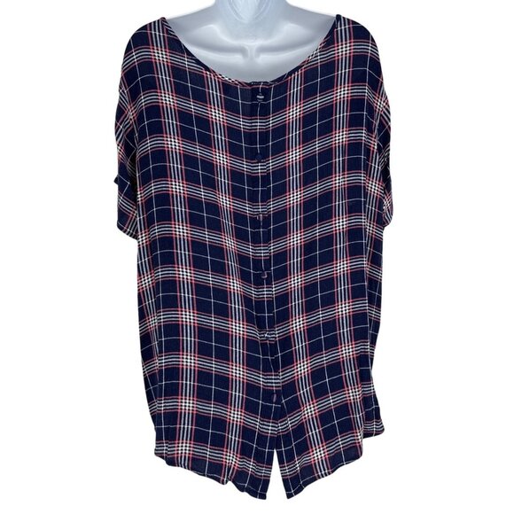 Torrid Blue Pink Plaid Short Sleeve V-Neck Button Back Blouse Shirt Size 2X - Picture 4 of 8